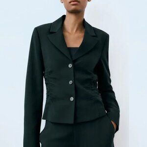 NWT New Zara Fitted Wool Blend Dark Green Blazer Size S